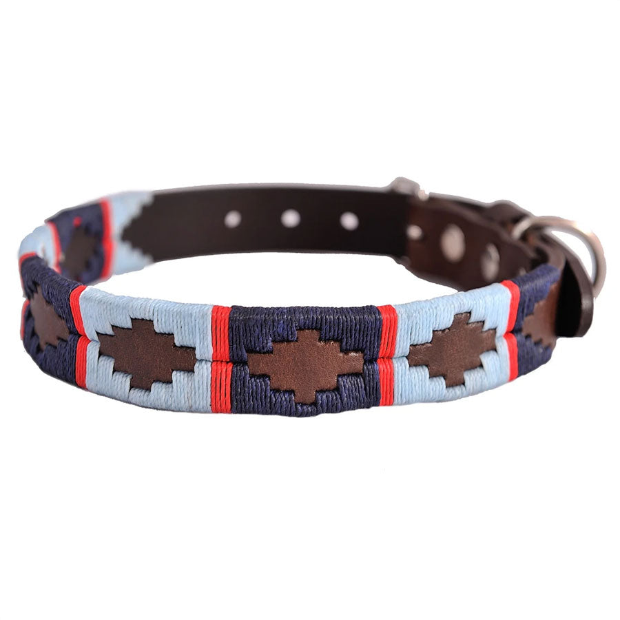 Pioneros Polo Dog Collar - Navy, Pale Blue & Red Stripe at £27.99